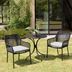 MALO - SALON DE JARDIN 2 PERS. - Table ronde 70x70cm et 2 fauteuils gris et noirs en cordage