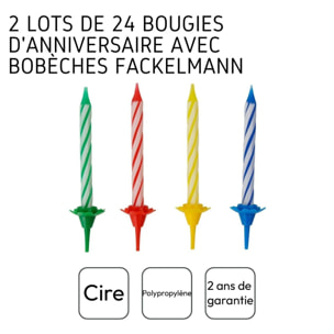 2 Lots de chacun 24 bougies d'anniversaire et 12 bobèches Fackelmann Rio Party
