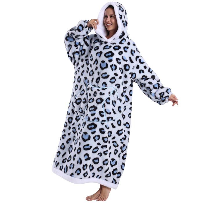 Bata in stile felpa e coperta in pile extra morbido. Tasca frontale tripla tipo canguro. Design ghepardo bianco tipo lungo.