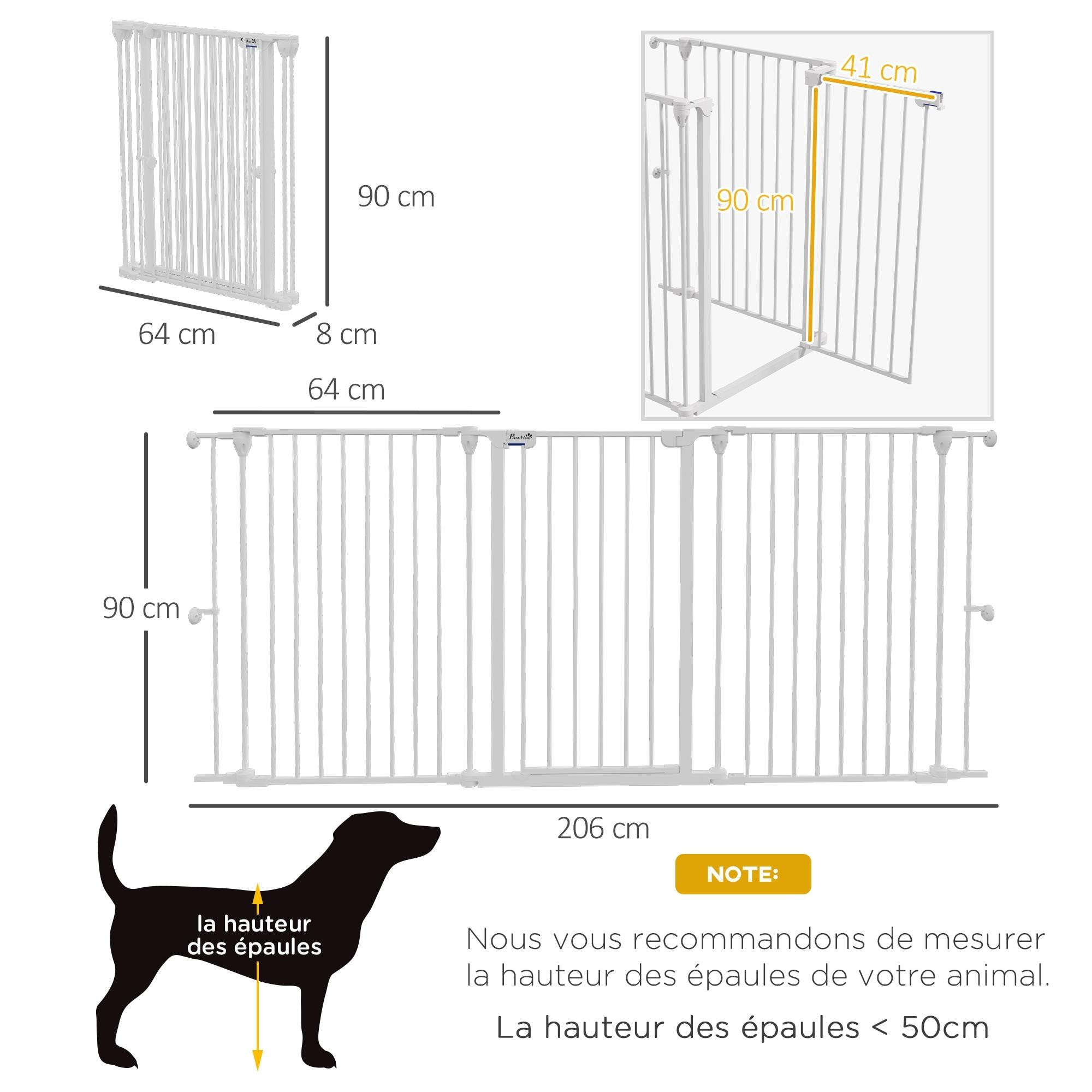 Pawhut - Barrière de sécurité pliable pour chien - 3 panneaux, porte  verrouillable - dim. 206L x 90H cm - acier PP blanc