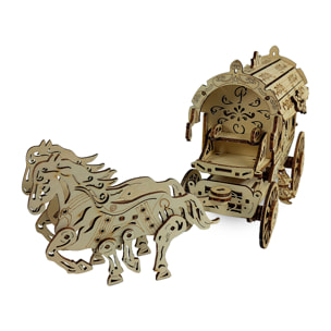 Maqueta de Madera 3D, con movimiento mecánico diseño de carruaje con caballos. 134 piezas.