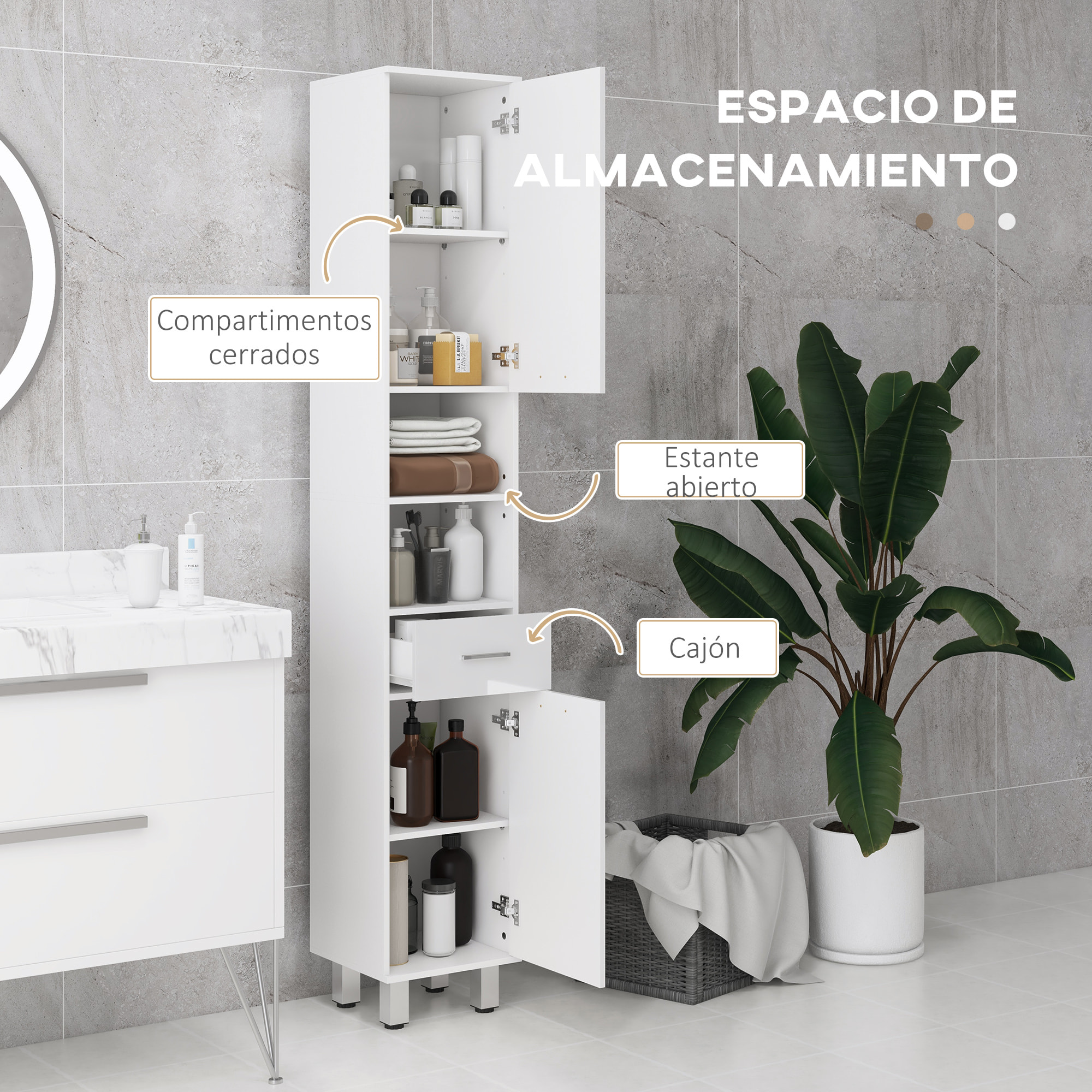 Mueble Auxiliar Baño Moderno Armario de Baño con 1 Cajón 3 Estantes Ajustables y 2 Armarios Mueble Auxiliar de Almacenaje para Salón Dormitorio 30x30x180 cm Blanco Brillante