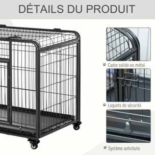 Cage chiens pliable sur roulettes 2 portes verrouillables métal gris noir