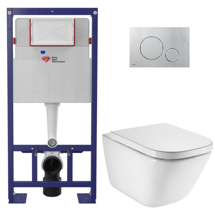 Pack WC bâti-support autoportant + WC suspendu sans bride avec abattant SoftClose + plaque chrome (STROGAWR05-U)