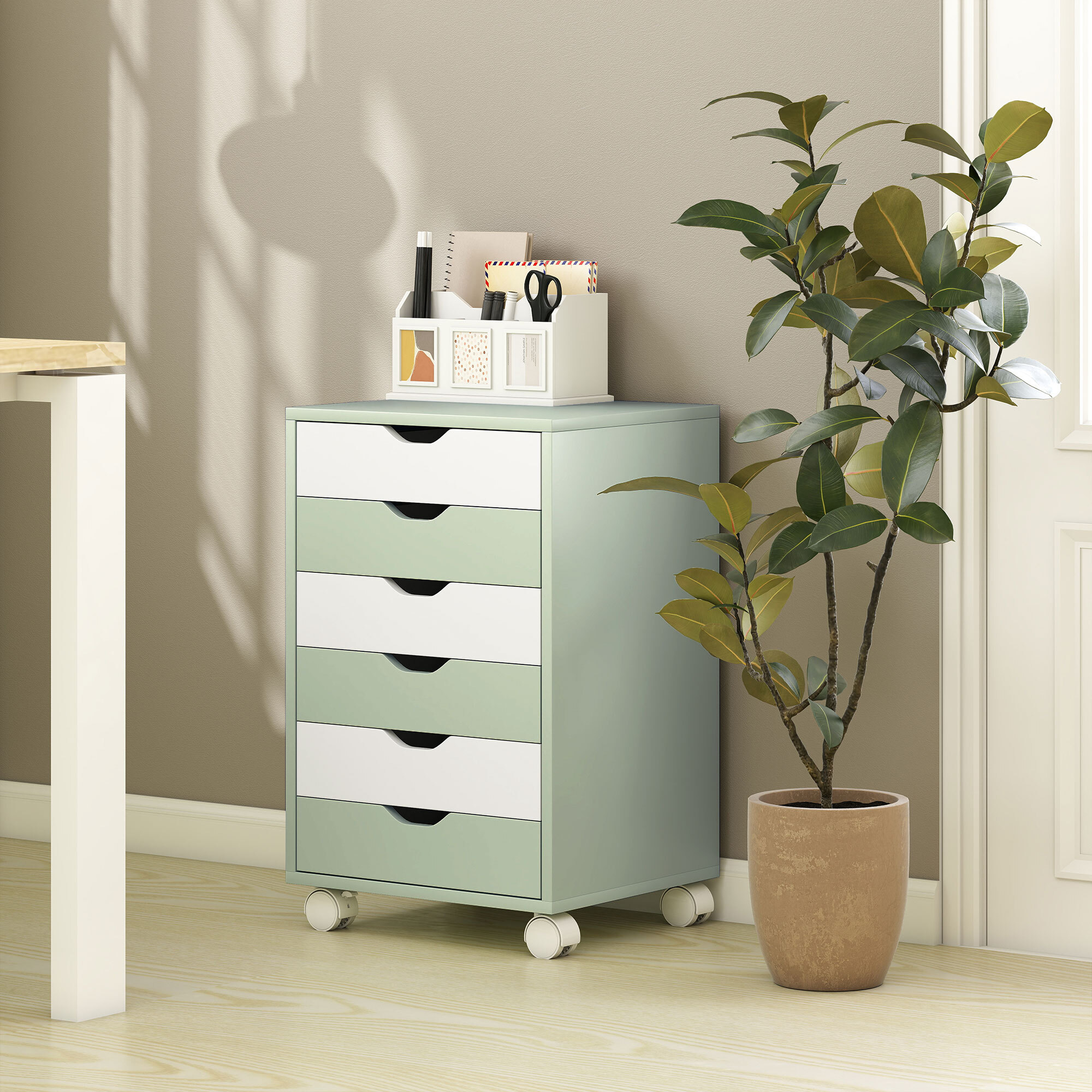 Cajonera Escritorio, Archivador Móvil con 6 Cajones, Soporte para Impresora con Ruedas, Guías Deslizantes Silenciosas, para Oficina, Casa, Verde y Blanco