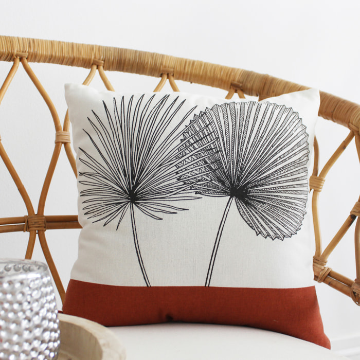 Coussin carré feuilles de palmier - Ecru