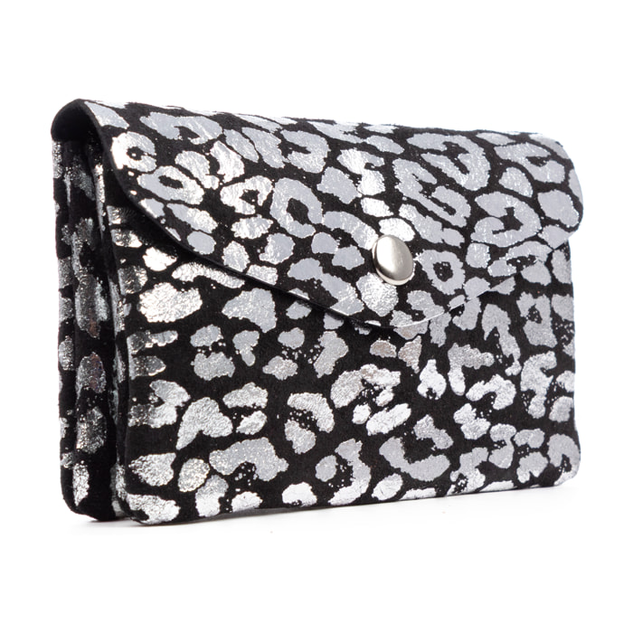 Alseno monedero alargado mujer. Piel auténtica Gamuza, diseño animal print leopardo, lacada brillante.