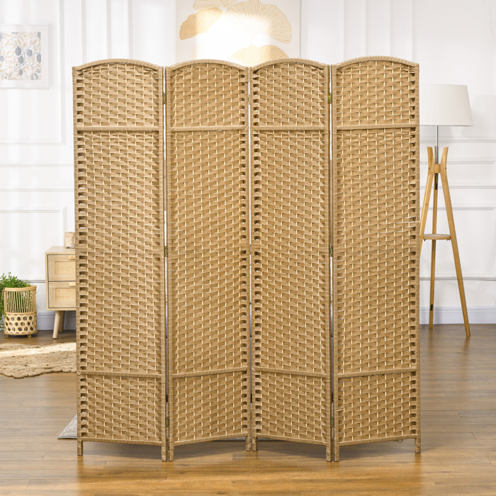 Paravent intérieur pliable 4 panneaux 160 x 170 cm - séparateur de pièce finition tressée - PP  bois pin beige