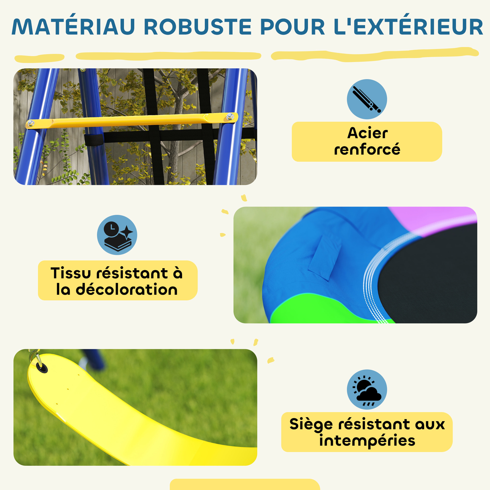 Portique balançoire 6 en 1 - balançoire, corde et filet d'escalade, nid oiseau, panier basket, échelle - acier bleu jaune