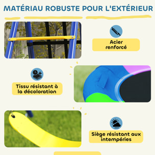 Portique balançoire 6 en 1 - balançoire, corde et filet d'escalade, nid oiseau, panier basket, échelle - acier bleu jaune