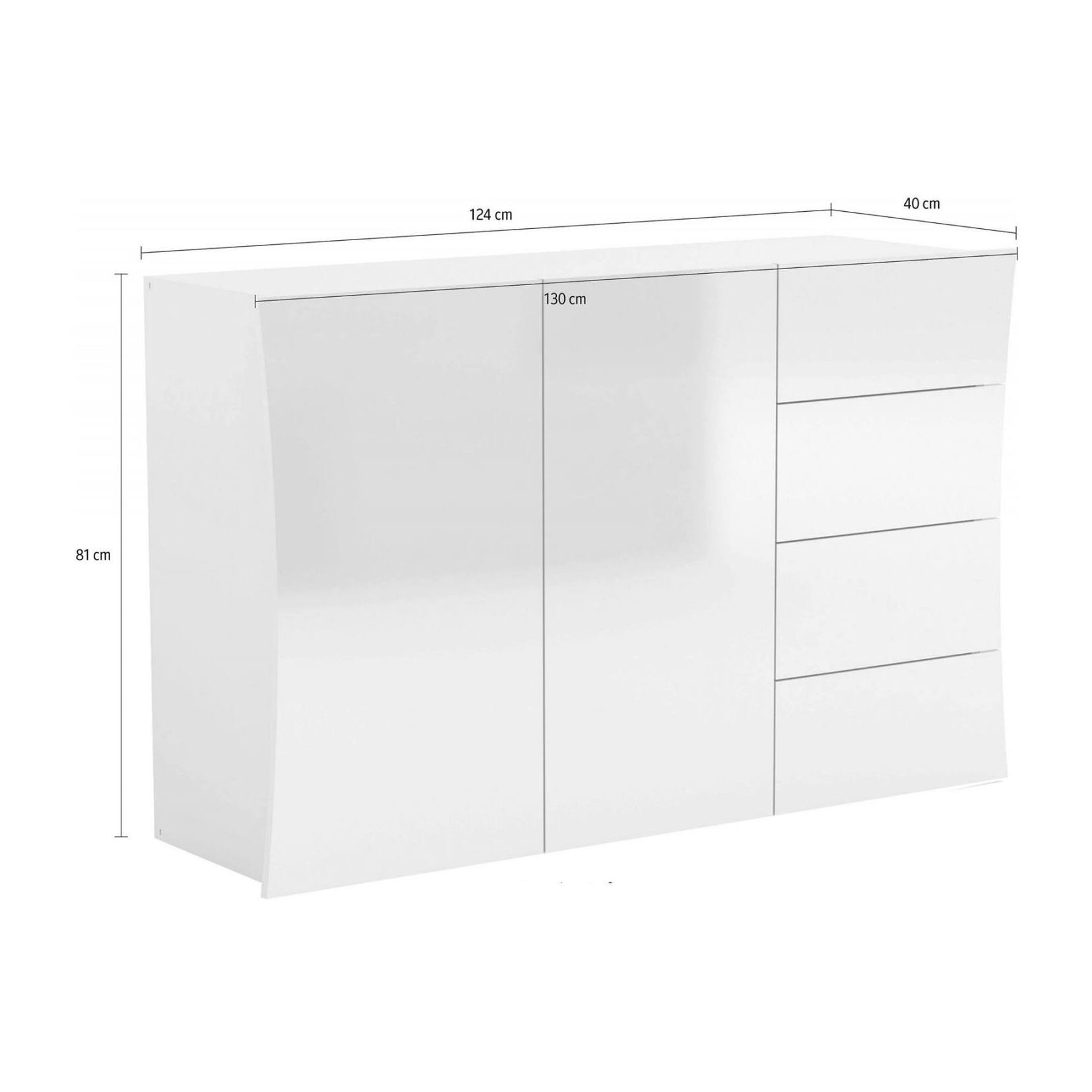 Credenza moderna, Madia di design a 2 ante e 4 cassetti, Made in Italy, Mobile Porta TV, Buffet da soggiorno, cm 124x40h82, colore Bianco lucido