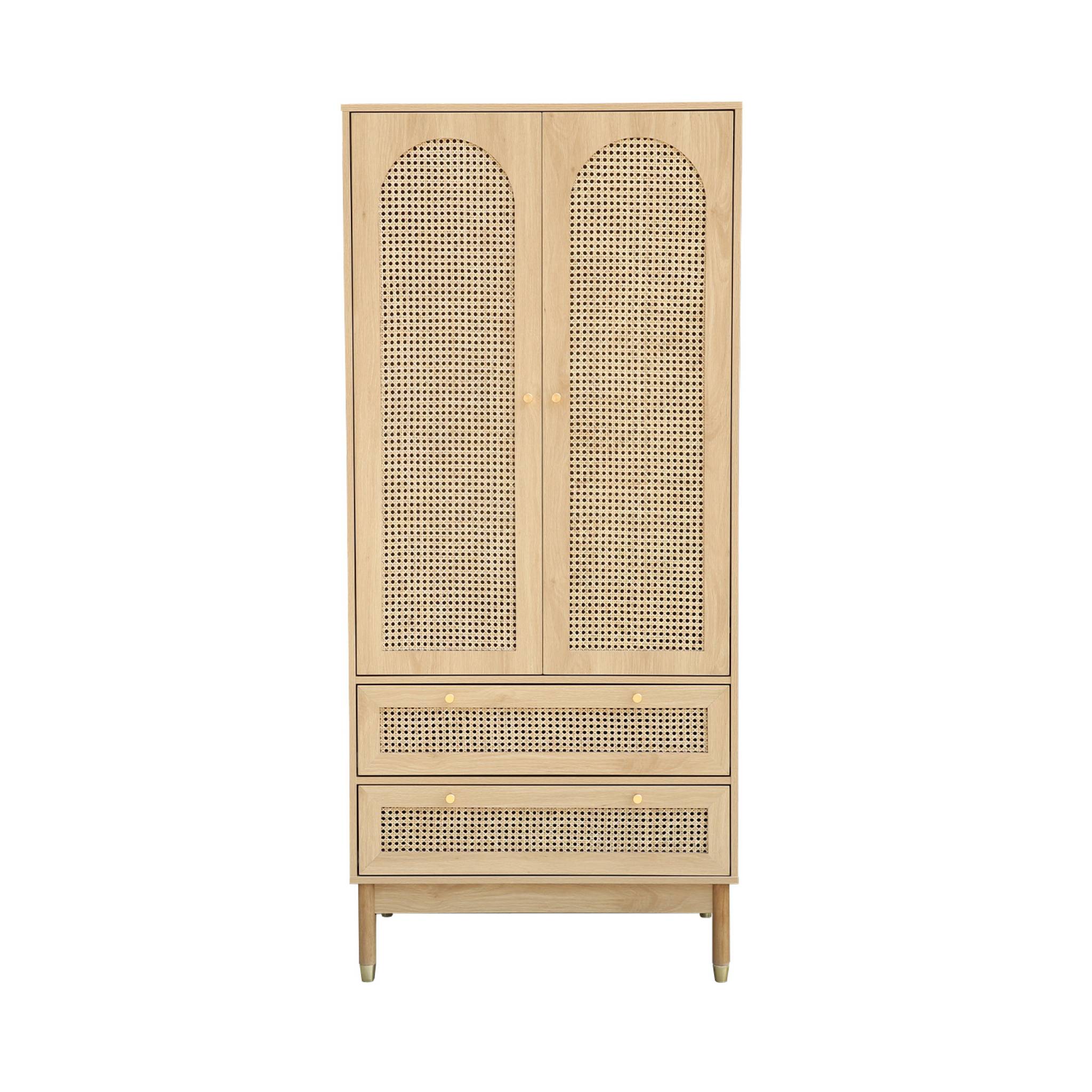 Dressing penderie JUDITH 2 portes 2 tiroirs cannage. poignées et pieds finition dorée. 80 x 50 x 180 cm