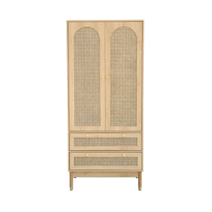 Dressing penderie JUDITH 2 portes 2 tiroirs cannage. poignées et pieds finition dorée. 80 x 50 x 180 cm