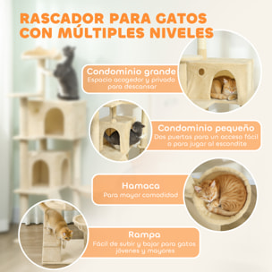 Árbol Rascador para Gatos, Árbol para Gatos 160 cm, Torre Escalador con Múltiples Plataformas, Cama, 2 Cuevas, Hamaca, Escalera, Postes de Sisal, Bolas para Jugar, Beige