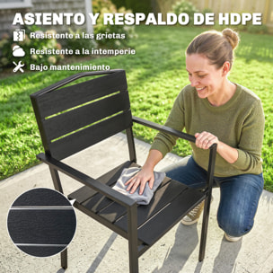 Juego de 4 Sillas de Jardín Exterior Apilables, Sillas Terraza Exterior con Reposabrazos, Asiento y Respaldo de HDPE con Listones, Estructura Metálica Resistente, 52x51x90 cm, Negro