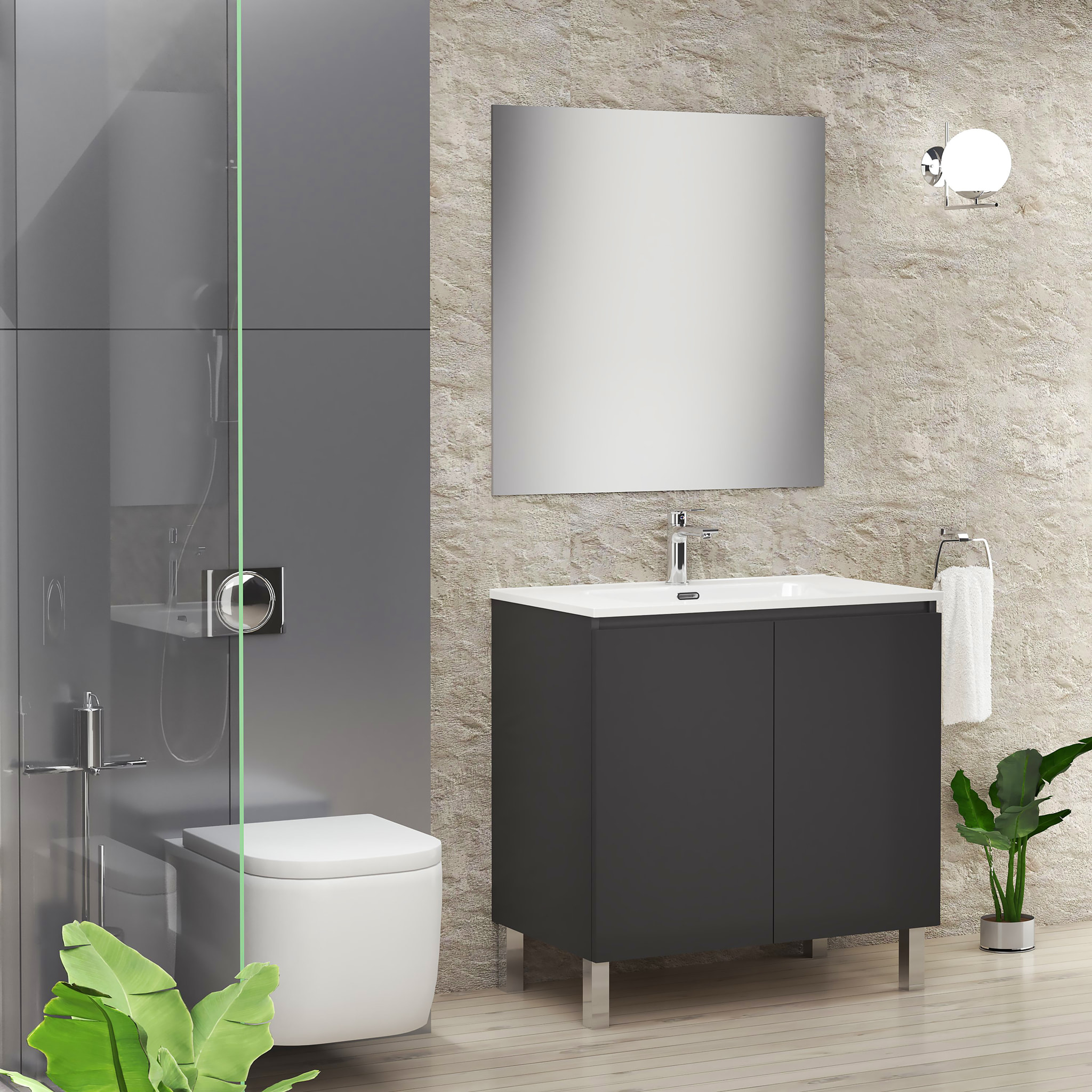 Conjunto de Baño Lust | 80 cm Negro Mate | Dos Puertas | Lavabo Encastrado | No incluye Espejo | Mueble Montado | Alday