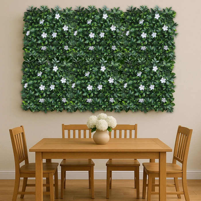 Well home jardín vertical artificial, panel de seto 100x100cm, para decoración interior y exterior - de hojas verdes y flores blancas