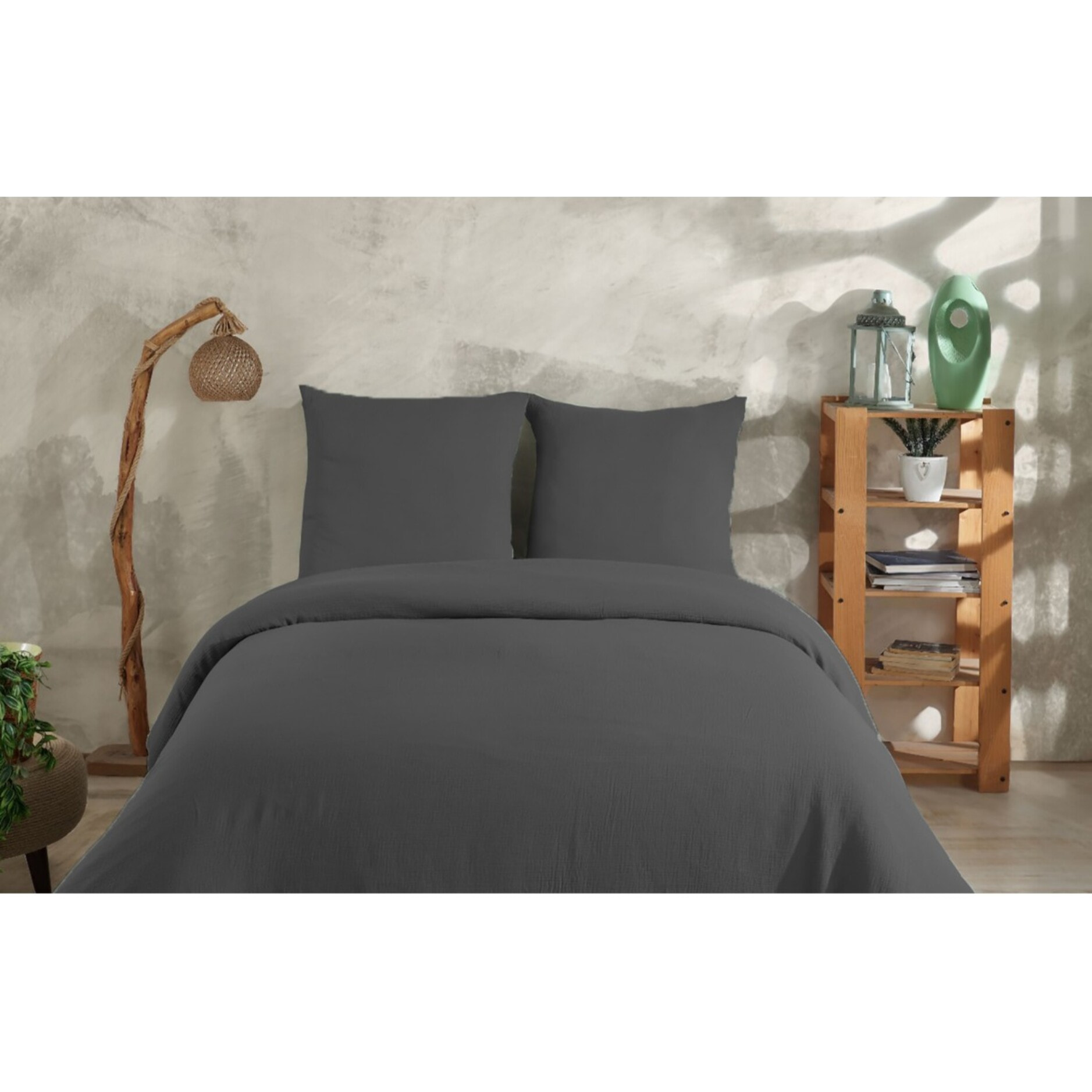 Parure housse de couette et taies d'oreiller gaze de coton anthracite