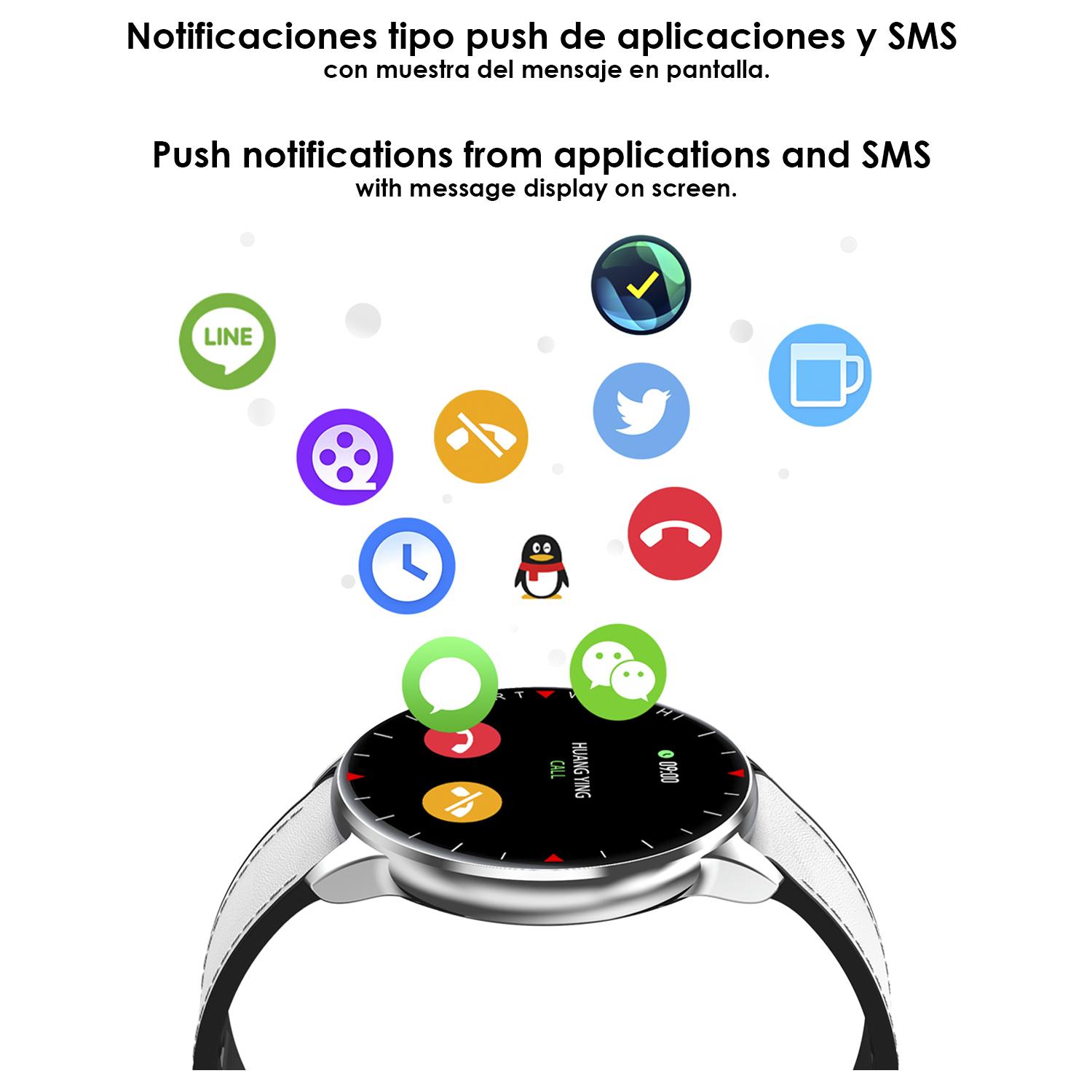 Smartwatch Y90 con 8 modos deportivos, monitor de O2 y tensión. Notificaciones con mensaje en pantalla. Correa de piel.