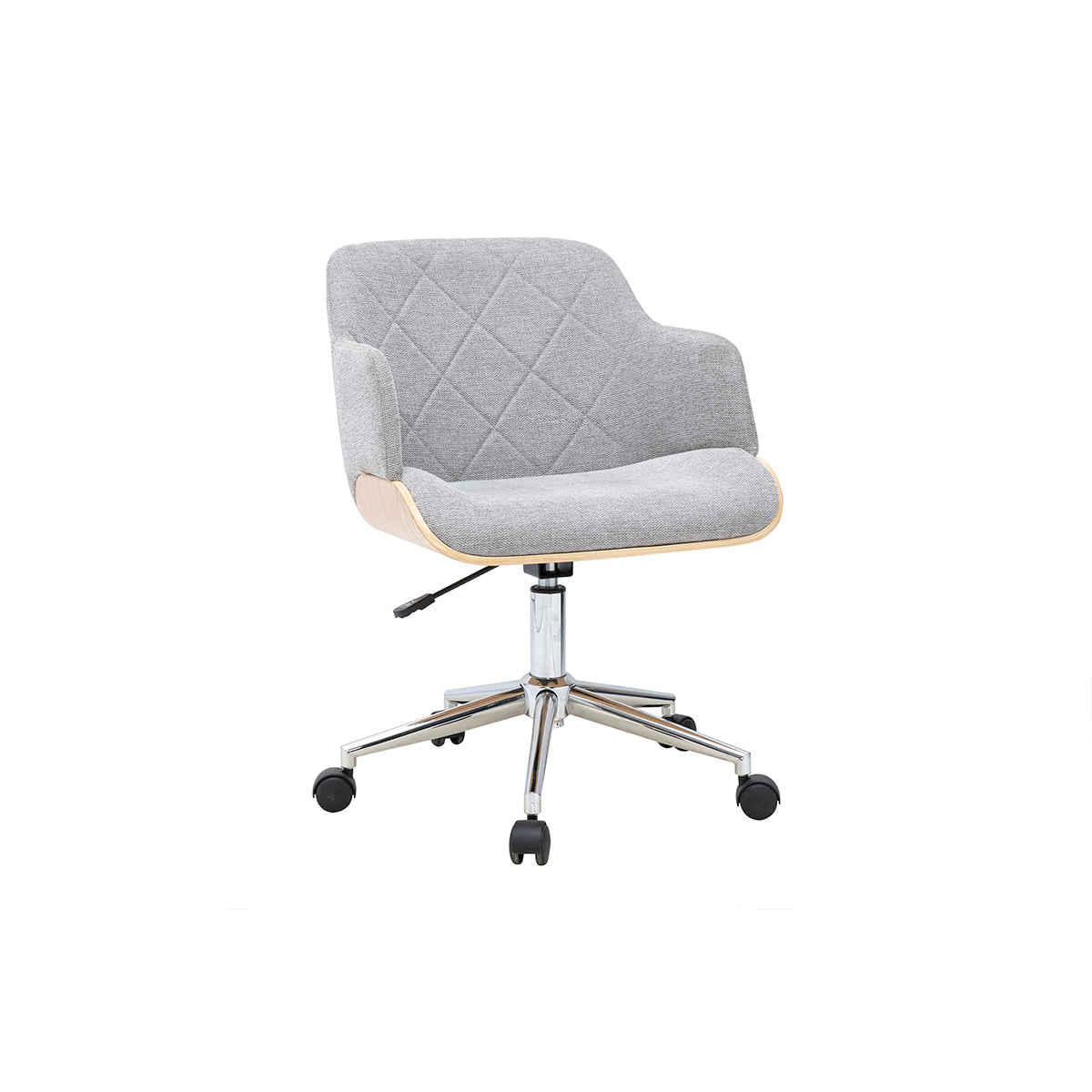 Chaise de bureau à roulettes design en tissu effet velours texturé gris, bois clair et acier chromé SANDRO