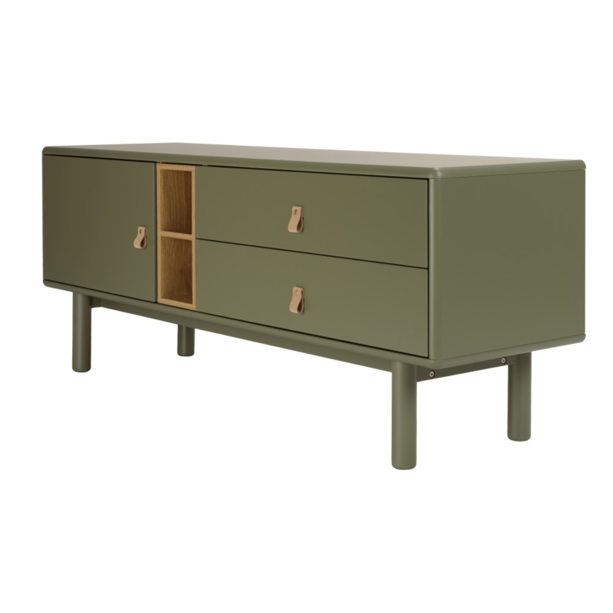 ETHAN - Meuble TV vert 1 porte, 2 tiroirs et 2 niches en bois naturel