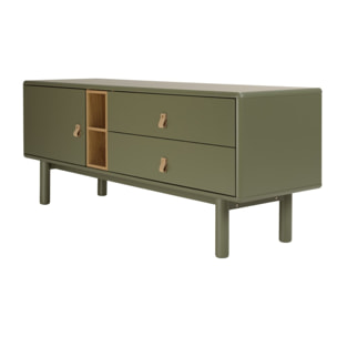 ETHAN - Meuble TV vert 1 porte, 2 tiroirs et 2 niches en bois naturel