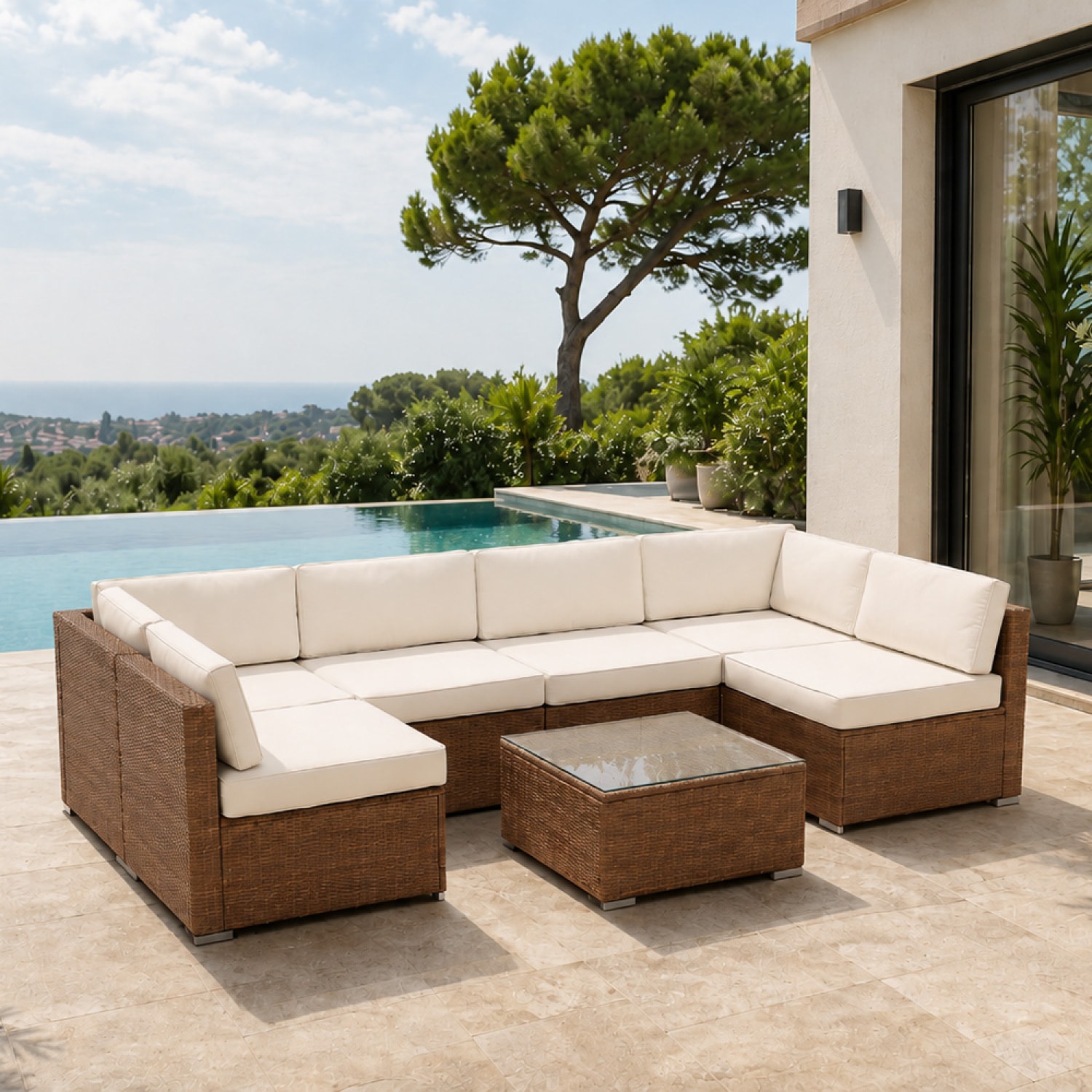 Salon de jardin 6 places modulable en résine tressée marron et beige BARNET