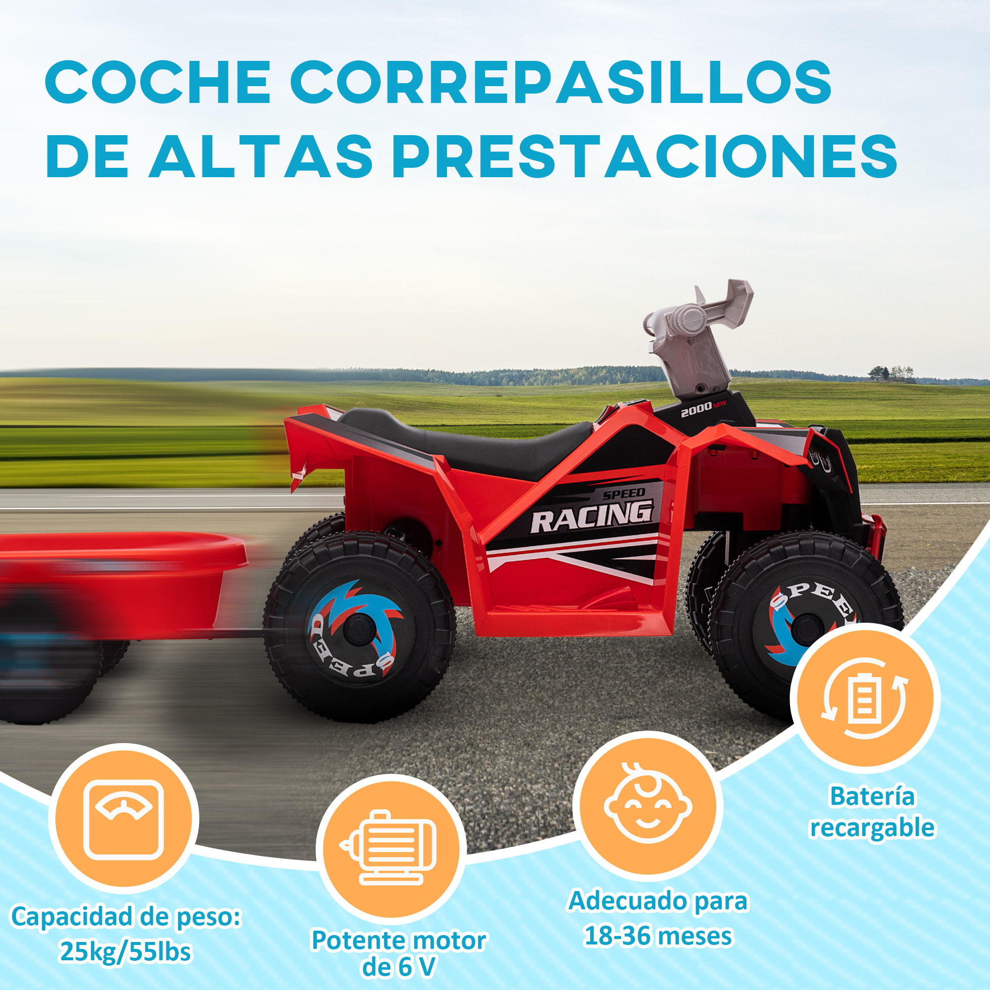 Quad Eléctrico para Niños con Remolque a Batería 6V Coche Eléctrico Cuatrimoto para Niños de 18-36 Meses con Velocidad 2,5 km/h Carga 25 kg 106x41,5x48,5 cm Rojo