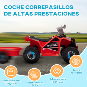 Quad Eléctrico para Niños con Remolque a Batería 6V Coche Eléctrico Cuatrimoto para Niños de 18-36 Meses con Velocidad 2,5 km/h Carga 25 kg 106x41,5x48,5 cm Rojo