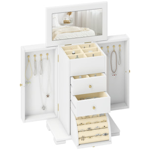 Caja Joyero de 4 Niveles, Joyero Mujer Organizador Grande con 2 Cajones, Espejo, Puertas Laterales Giratorias con Ganchos, para Pendientes, Anillos, Collares, Blanco