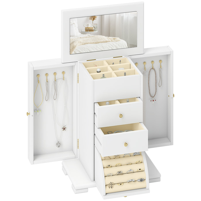 Caja Joyero de 4 Niveles, Joyero Mujer Organizador Grande con 2 Cajones, Espejo, Puertas Laterales Giratorias con Ganchos, para Pendientes, Anillos, Collares, Blanco