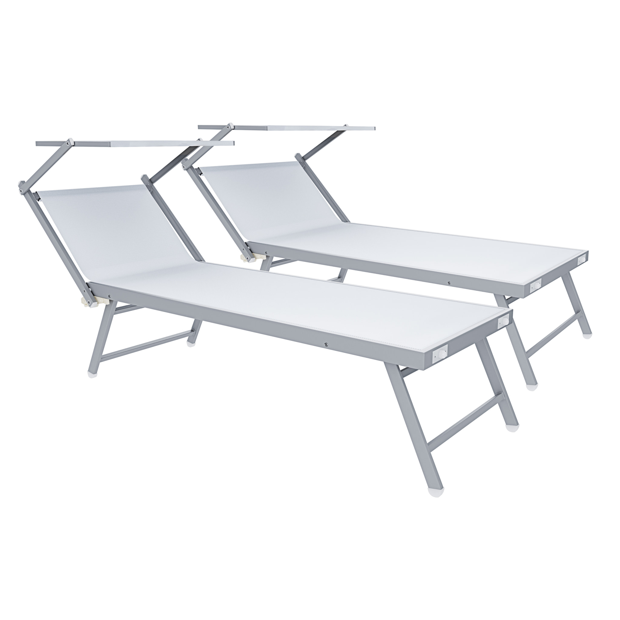 Coppia Di Lettini Prendisole Pieghevole Professionale in Alluminio e Tessuto Textilene Tettuccio Parasole Sdraio Mare Spiaggia 182x60x38 cm Bianco