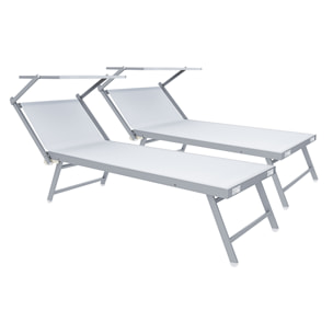Coppia Di Lettini Prendisole Pieghevole Professionale in Alluminio e Tessuto Textilene Tettuccio Parasole Sdraio Mare Spiaggia 182x60x38 cm Bianco