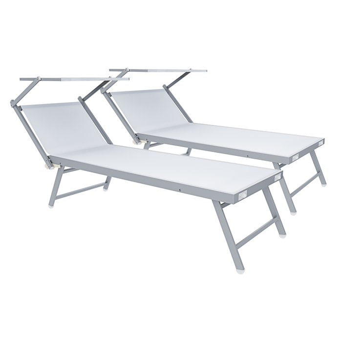 Coppia Di Lettini Prendisole Pieghevole Professionale in Alluminio e Tessuto Textilene Tettuccio Parasole Sdraio Mare Spiaggia 182x60x38 cm Bianco