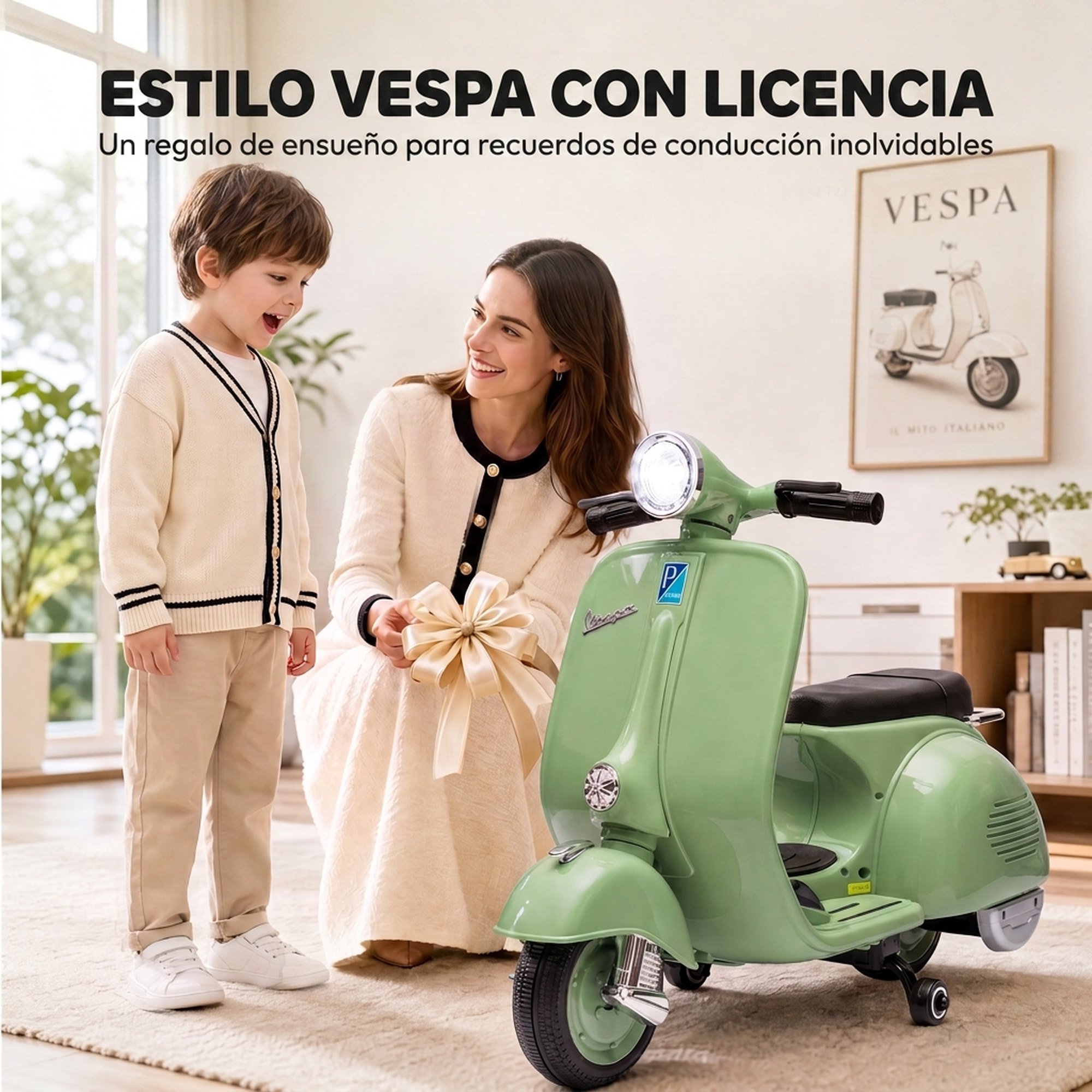 Moto Eléctrica para Niños Licencia VESPA 6V, Moto Eléctrica Infantil con Arranque Suave, Ruedines Desmontables, Luz Delantera, Música, Bocina, USB, Avance, Atrás, para Niños de +3 Años, Verde