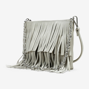 Bolso de hombro beige con flecos y cadena