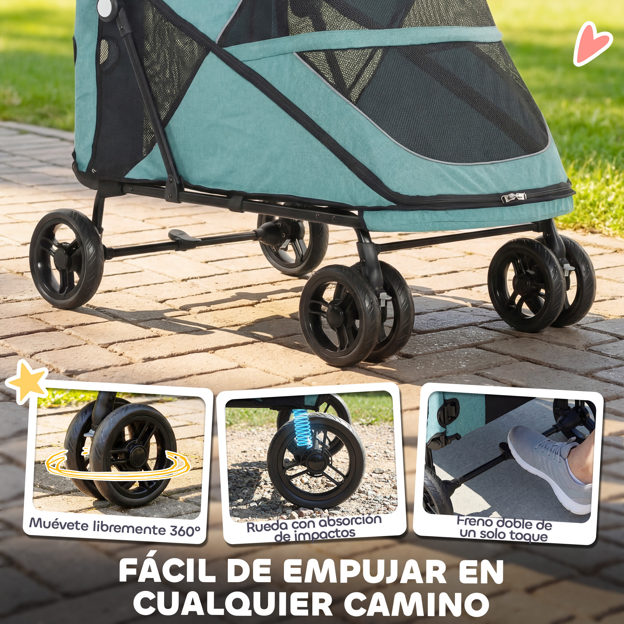 Carrito para Perros y Gatos Grande Plegable con un Botón hasta 30 kg, Cochecito para Perros Medianos y Grandes, Suspensión 4 Ruedas, Giratorio, Freno de Pie, Cojín Lavable, Turquesa