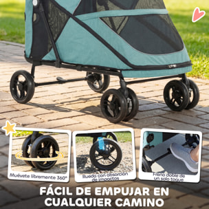 Carrito para Perros y Gatos Grande Plegable con un Botón hasta 30 kg, Cochecito para Perros Medianos y Grandes, Suspensión 4 Ruedas, Giratorio, Freno de Pie, Cojín Lavable, Turquesa