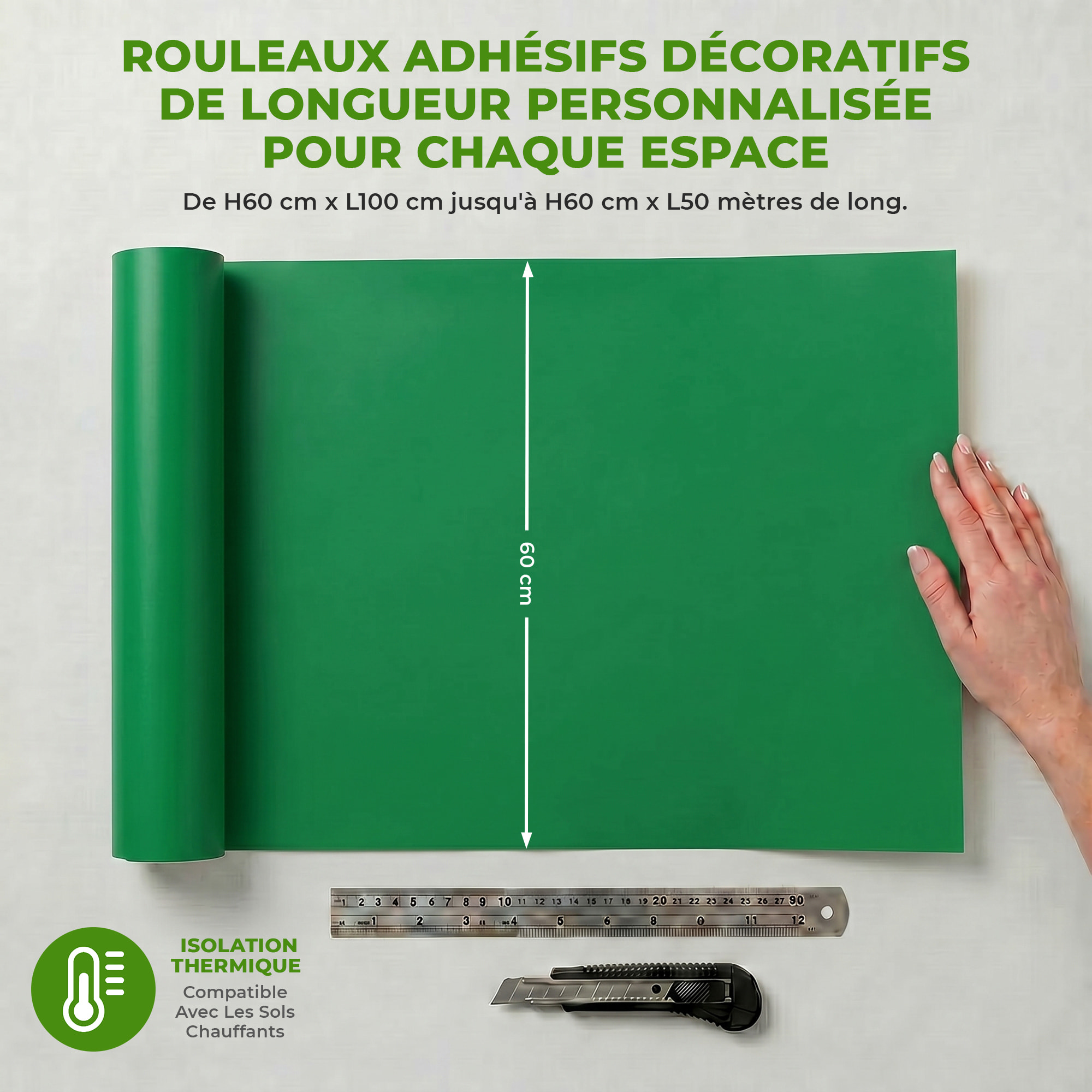 Rouleau adhésif décoratif Vinyle au Mètre - Vert cactus - Sticker Lavable Imperméable Mur Cuisine Meubles