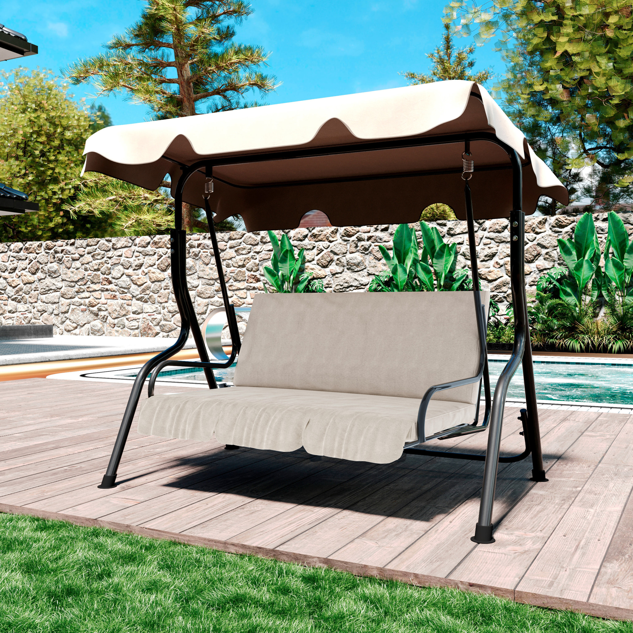 Dondolo 3 Posti Algarve Con Tettuccio Parasole Regolabile Cuscini Imbottiti Struttura Robusta In Acciaio Da Giardino 170 x 110 x 153 cm Beige