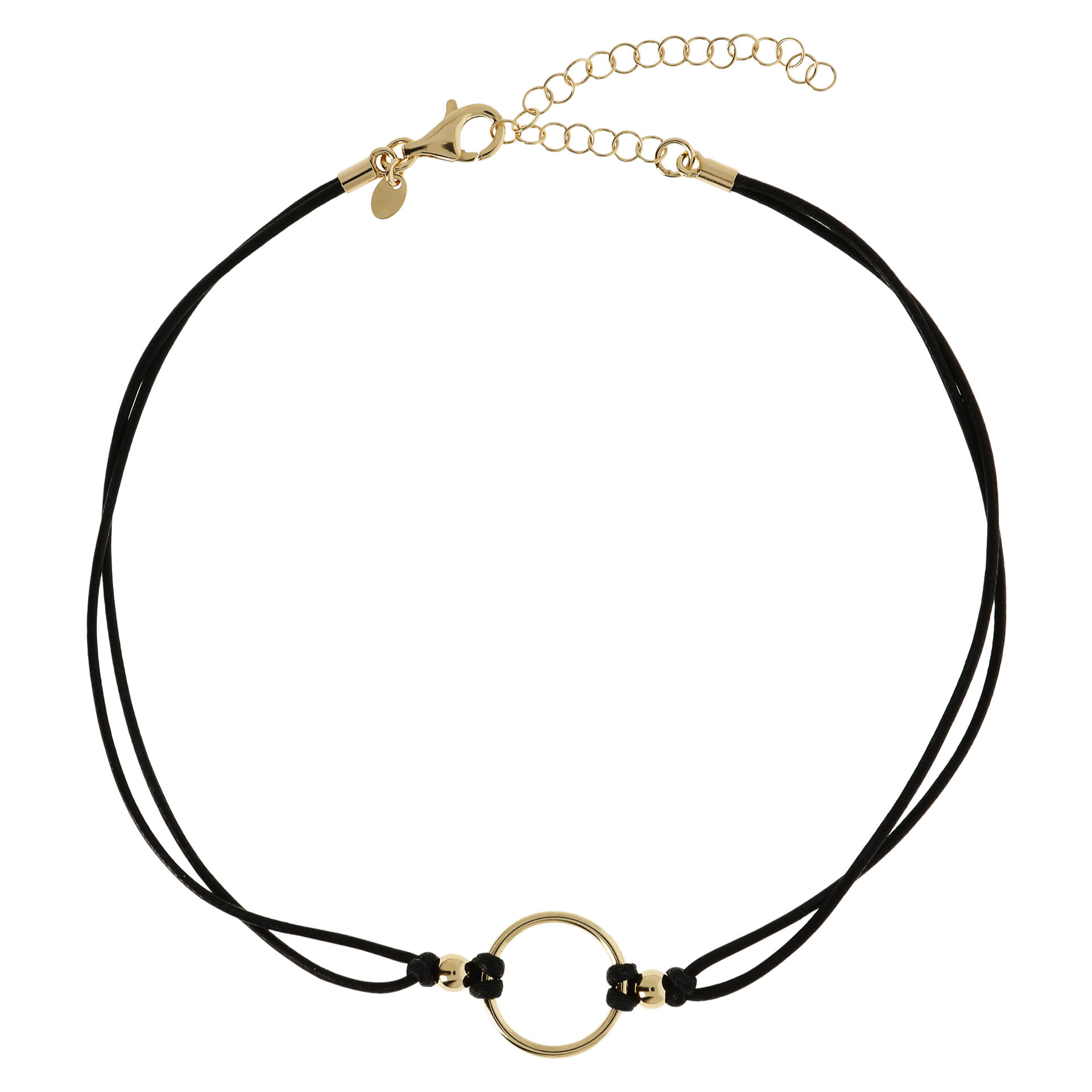 Collana con Cordino Nero e Pendente a Cerchio in Argento 925 placcato Oro Giallo 18kt