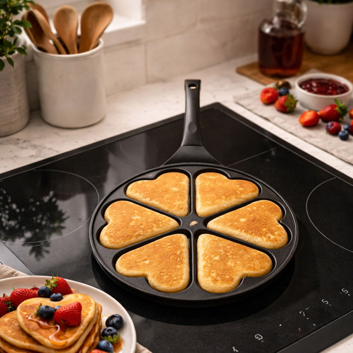 Poele à pancake en forme de coeur 26cm en aluminium 6 trous
