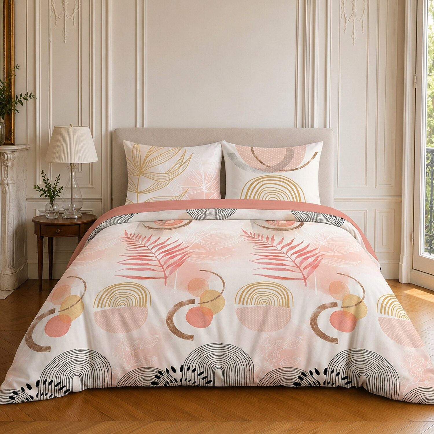 Parure housse de couette 100% coton motif floral - TERRACOTTA