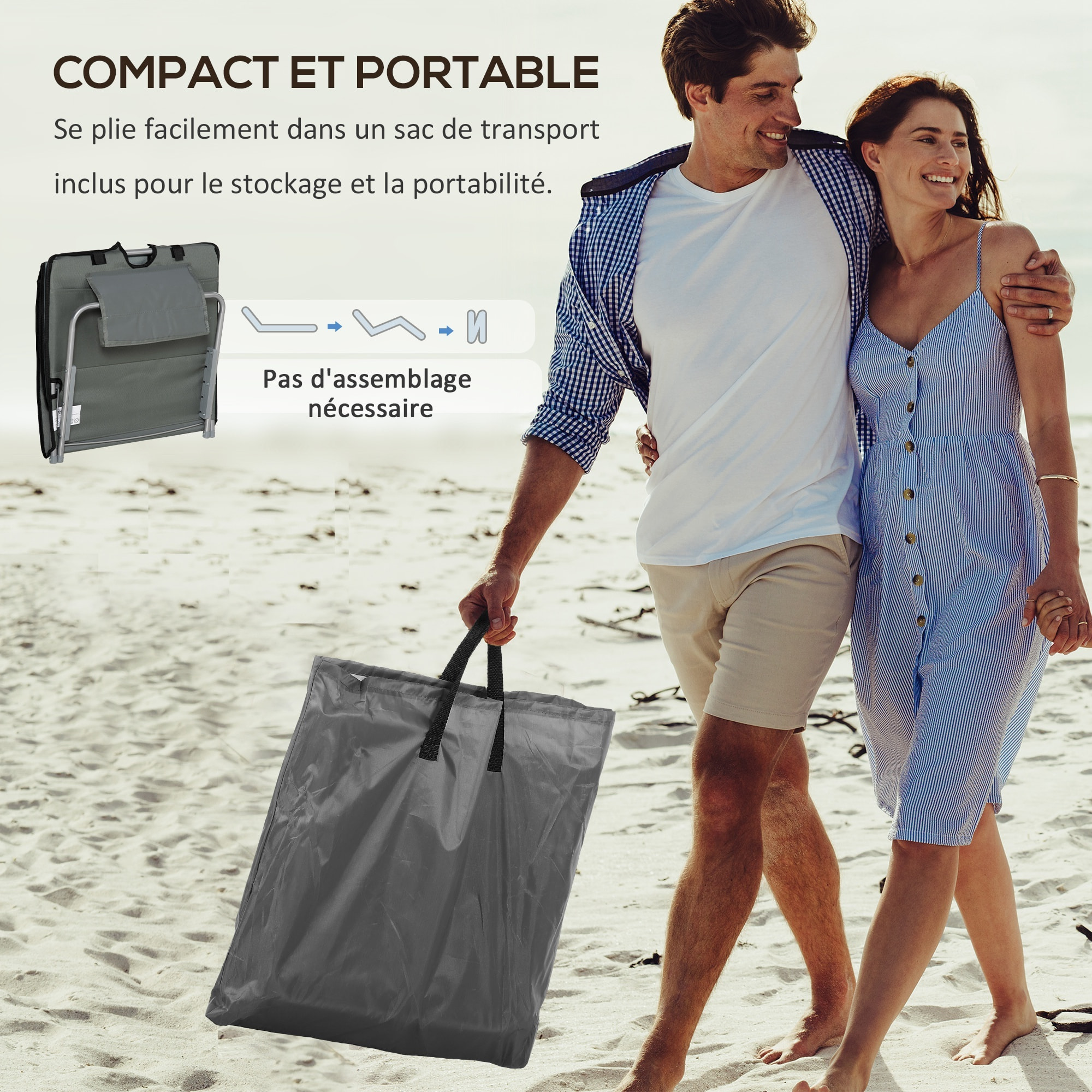 Lot de 2 tapis de plage rembourrés - dossier inclinable 5 positions - sac transport inclus - acier polyester gris