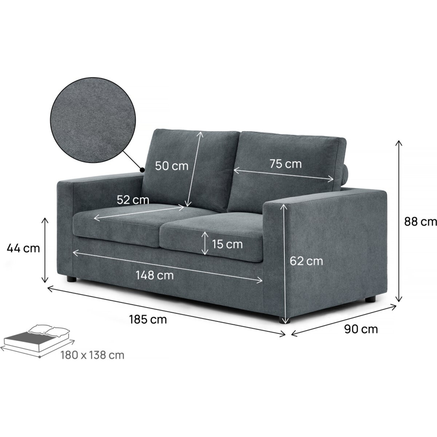 Canapé convertible express en tissu "Elena" - 3 places - Couchage 140 cm - Gris