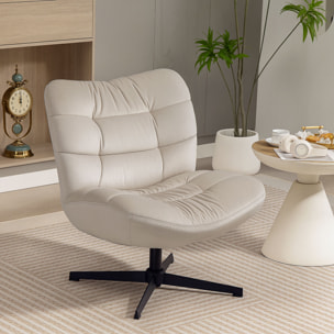 Fauteuil lounge effet matelassé grand confort pivotant piètement acier croisé noir tissu chenille grège