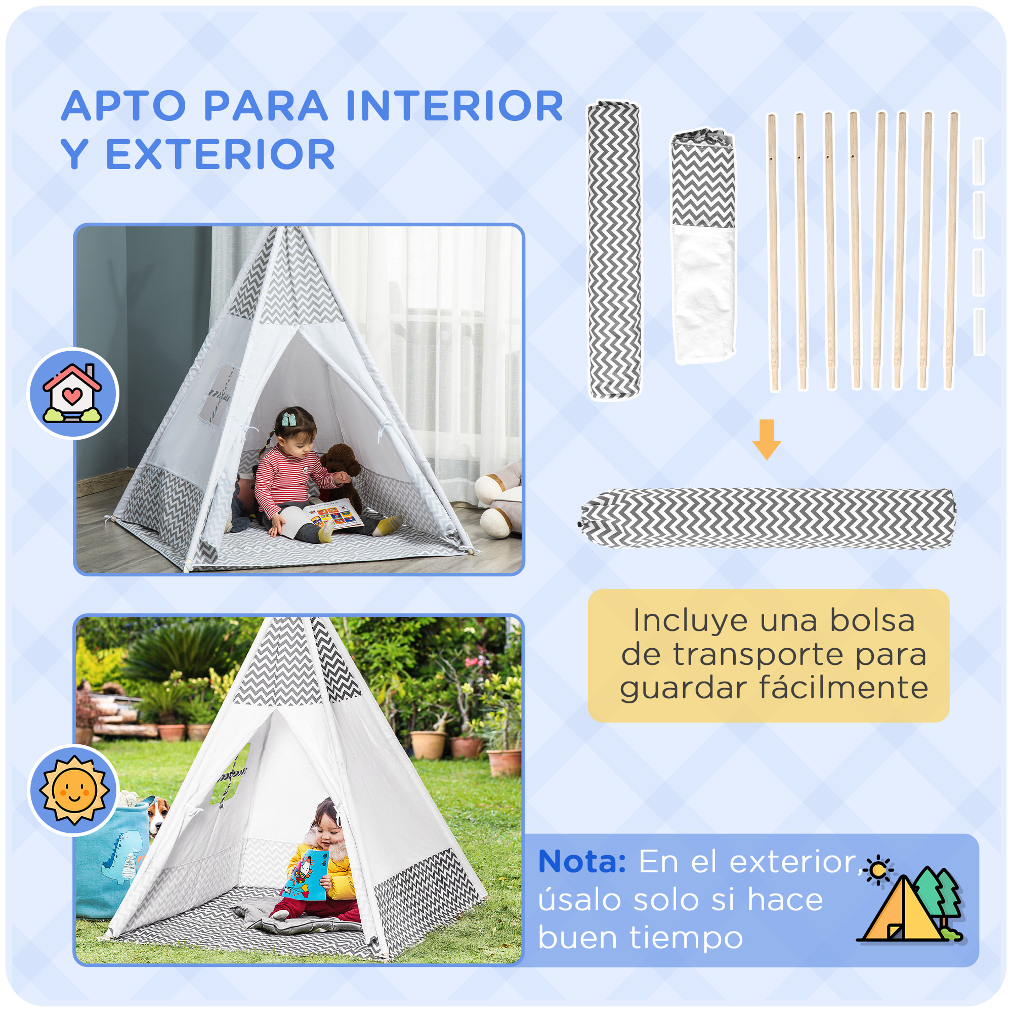Tienda de Campaña para Niños de +3 Años Tipi Infantil de Madera Portátil con Ventana Colchoneta y Bolsa de Transporte para Interiores y Exteriores 120x120x155 cm Gris