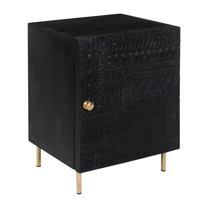 Chevet 1 porte en bois gravé noir et métal doré - Chimane