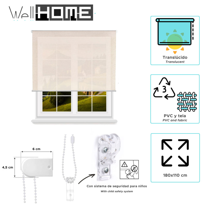 Well home estor enrollable translúcido liso - color lino, 180 x 110cm (ancho x largo)/tamaño de la tela 177 x 105cm