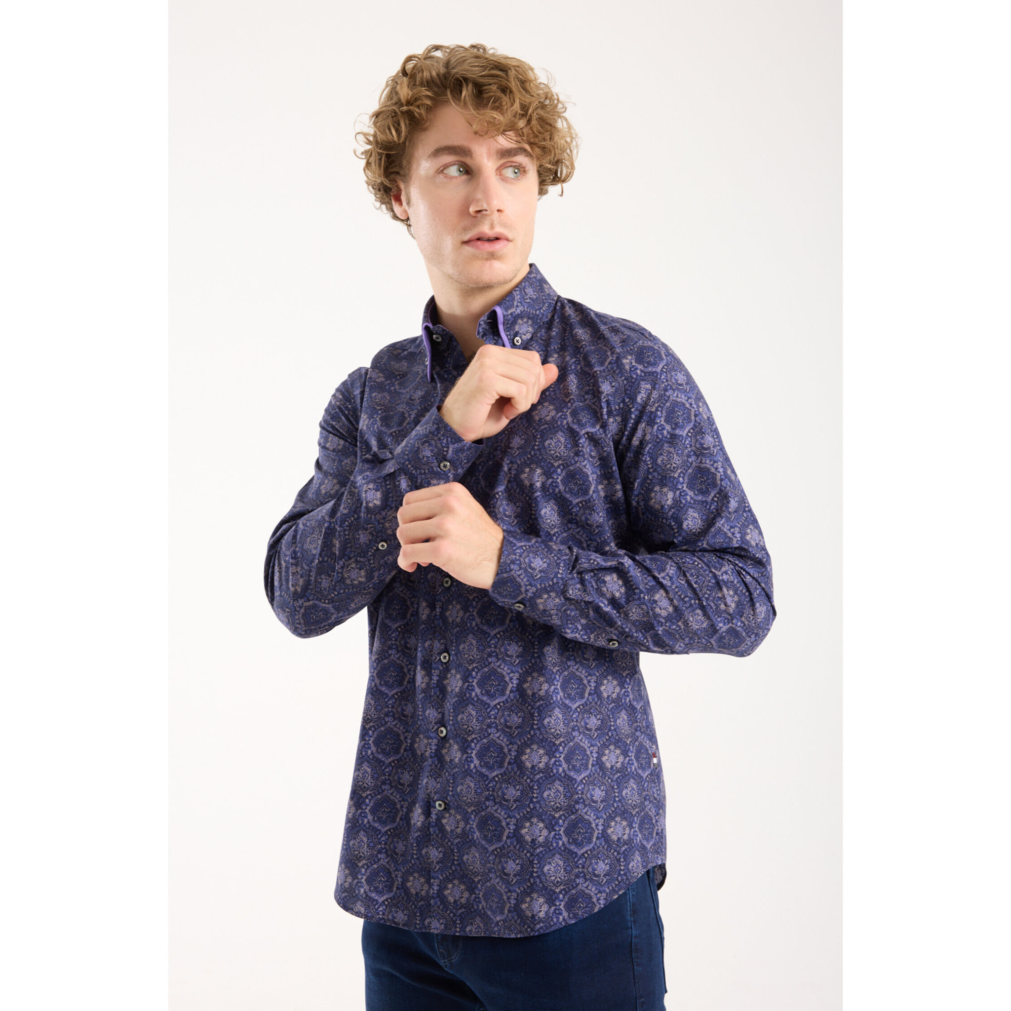 Camicia Uomo 2 Bottoni Button Down Doppio Coll Popeline Stretch Stampato Blu e Viola